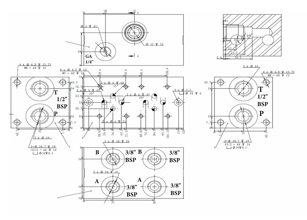 SUBPLATE NG6 PARALLEL WITH RELIEF VALVE P-T 1/2" BSP A-B 3/8" B
